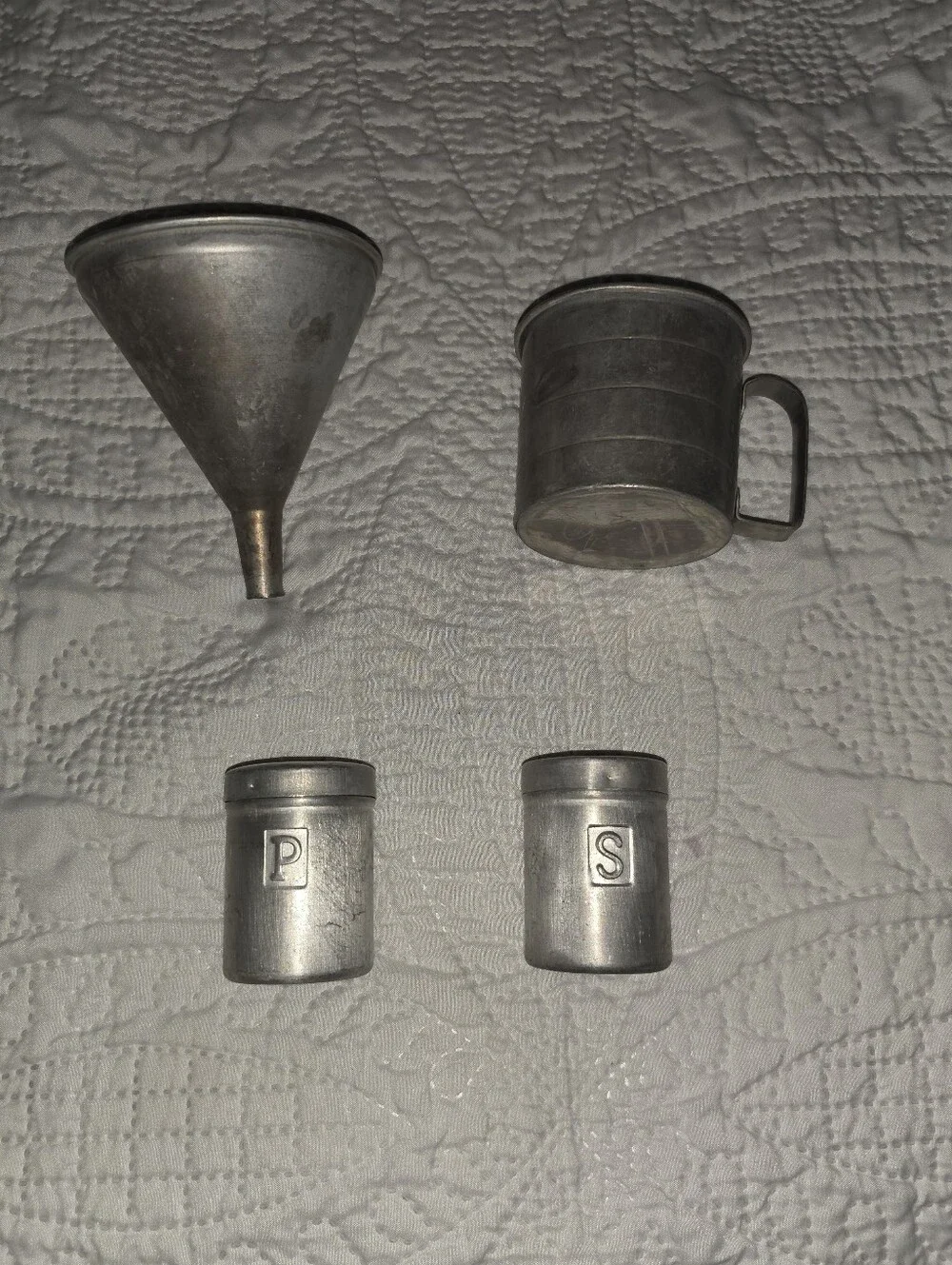 Vintage 1950s Aluminum Tin Funnel, Measuring Cup & Salt & Pepper Shakers